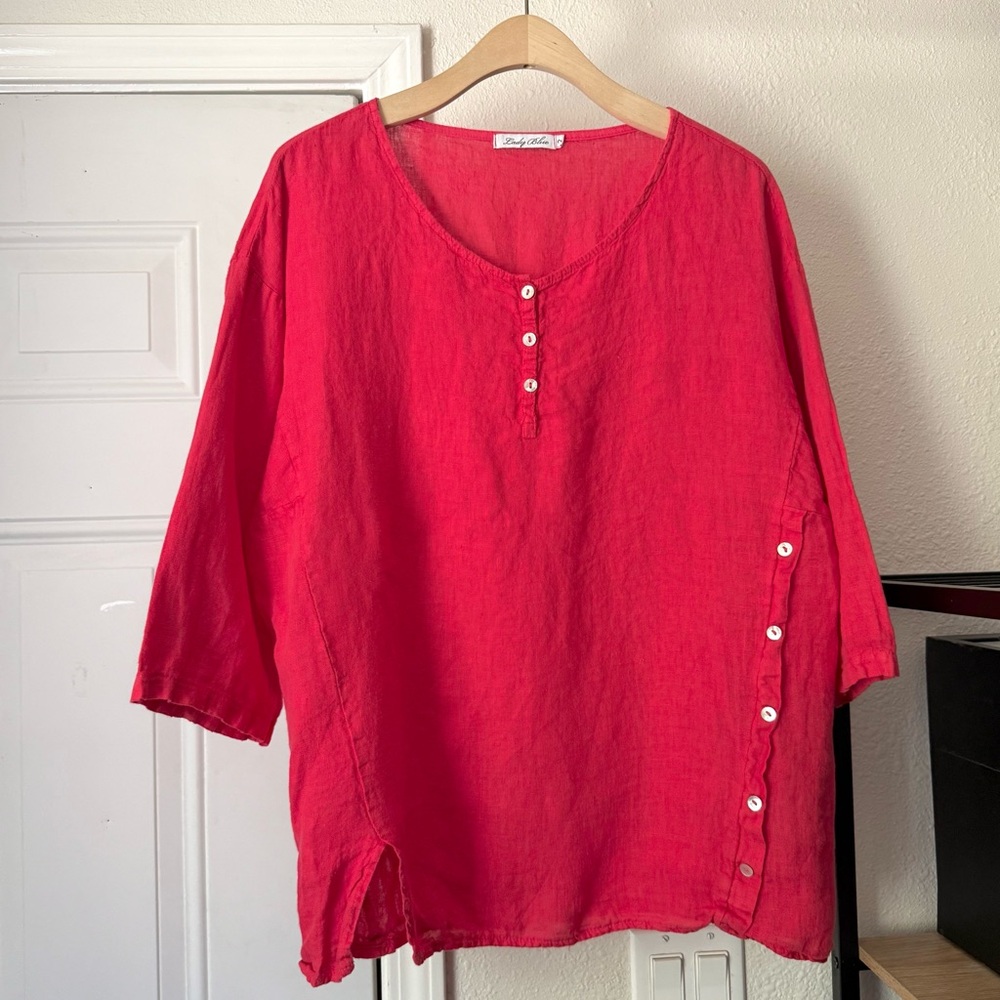 LADY BLUE coral pink linen lagenlook long 3/4 sleeve boxy oversized popover top‎